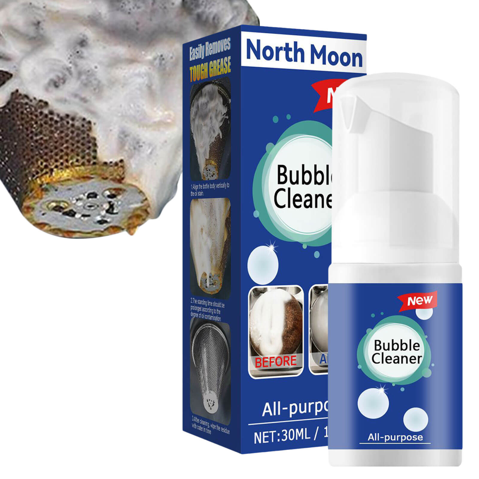 North Moon Bubble Cleaner Foam, 30/100ml All Purpose Rinse Cleaning Spray,  Kitchen Grease Cleaner, B